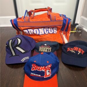 Vintage Broncos, Rockies, Nuggets hats and Broncos Duffle bag